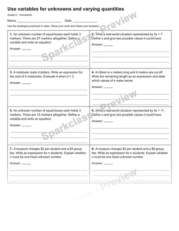 Use variables for unknowns and varying quantities — Homework — Grade 6 worksheet preview