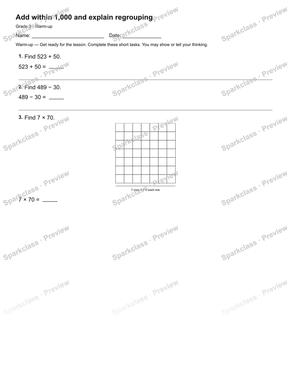 Add within 1,000 and explain regrouping — Warm-up — page 2