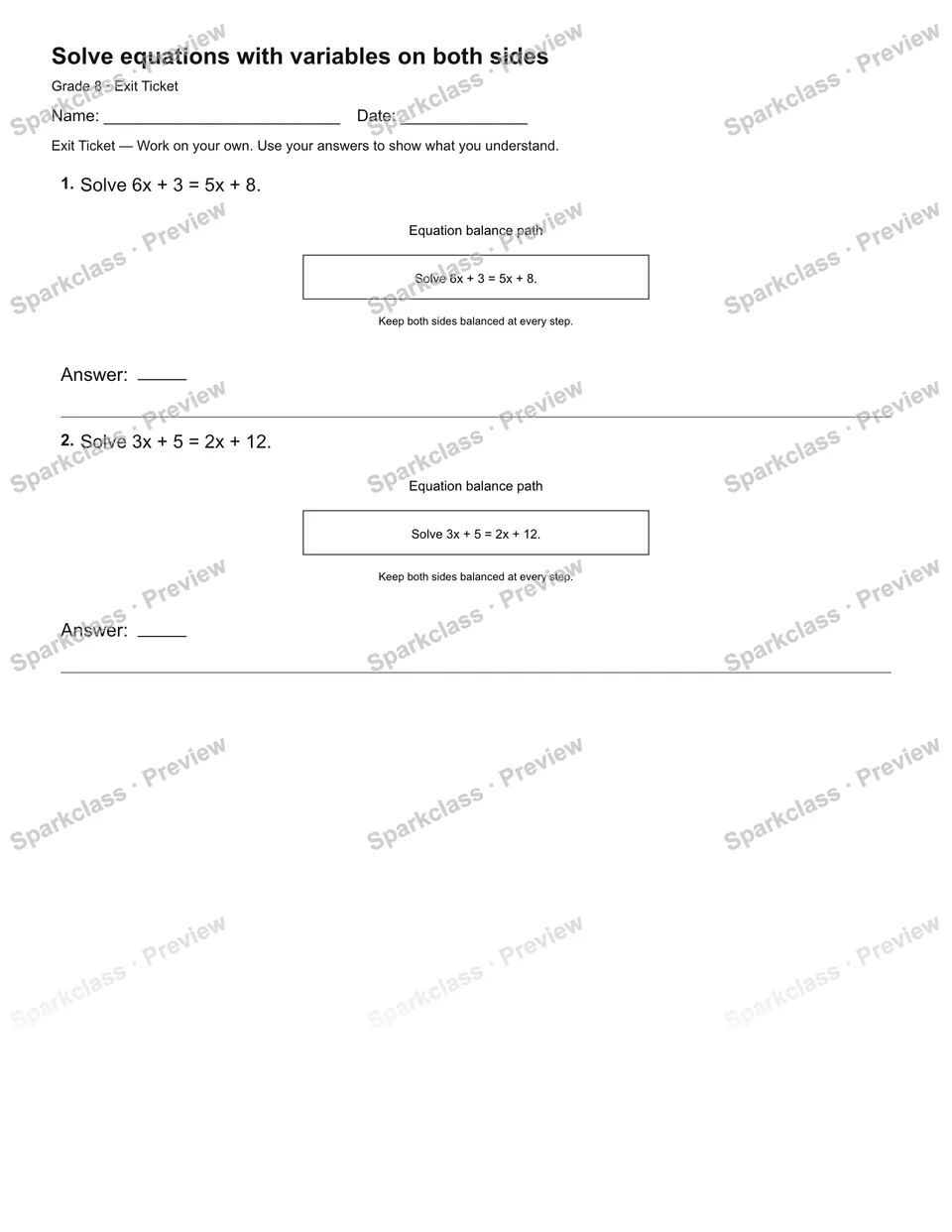 Solve equations with variables on both sides — Exit Ticket — page 1