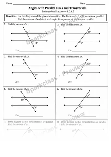 8.G.A.5 · 5 Parallel Lines Transversals Angles V2 — Grade 8 worksheet preview