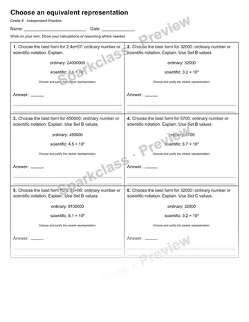 Choose an equivalent representation — Independent Practice — Grade 8 worksheet preview
