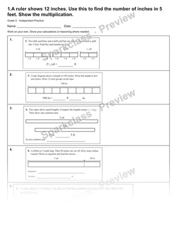 1.A ruler shows 12 inches. Use this to find the number of inches in 5 feet. Show the multiplication. — Independent Practice — Grade 5 worksheet preview