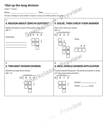 1Set up the long division — Review — Grade 5 worksheet preview