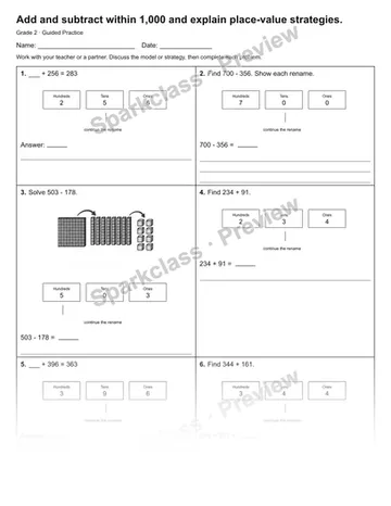 Add and subtract within 1,000 and explain place-value strategies. — Guided Practice — Grade 2 worksheet preview