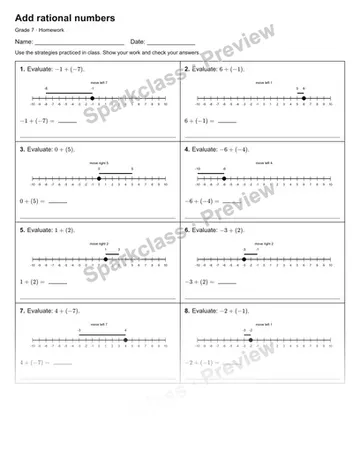 Add rational numbers — Homework — Grade 7 worksheet preview