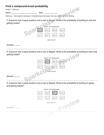 Find a compound-event probability — Warm-up — Grade 7 worksheet preview