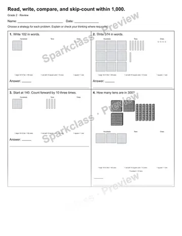 Read, write, compare, and skip-count within 1,000. — Review — Grade 2 worksheet preview