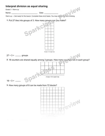 Interpret division as equal sharing — Warm-up — Grade 3 worksheet preview