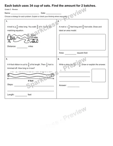 Each batch uses 34 cup of oats. Find the amount for 2 batches. — Review — Grade 5 worksheet preview