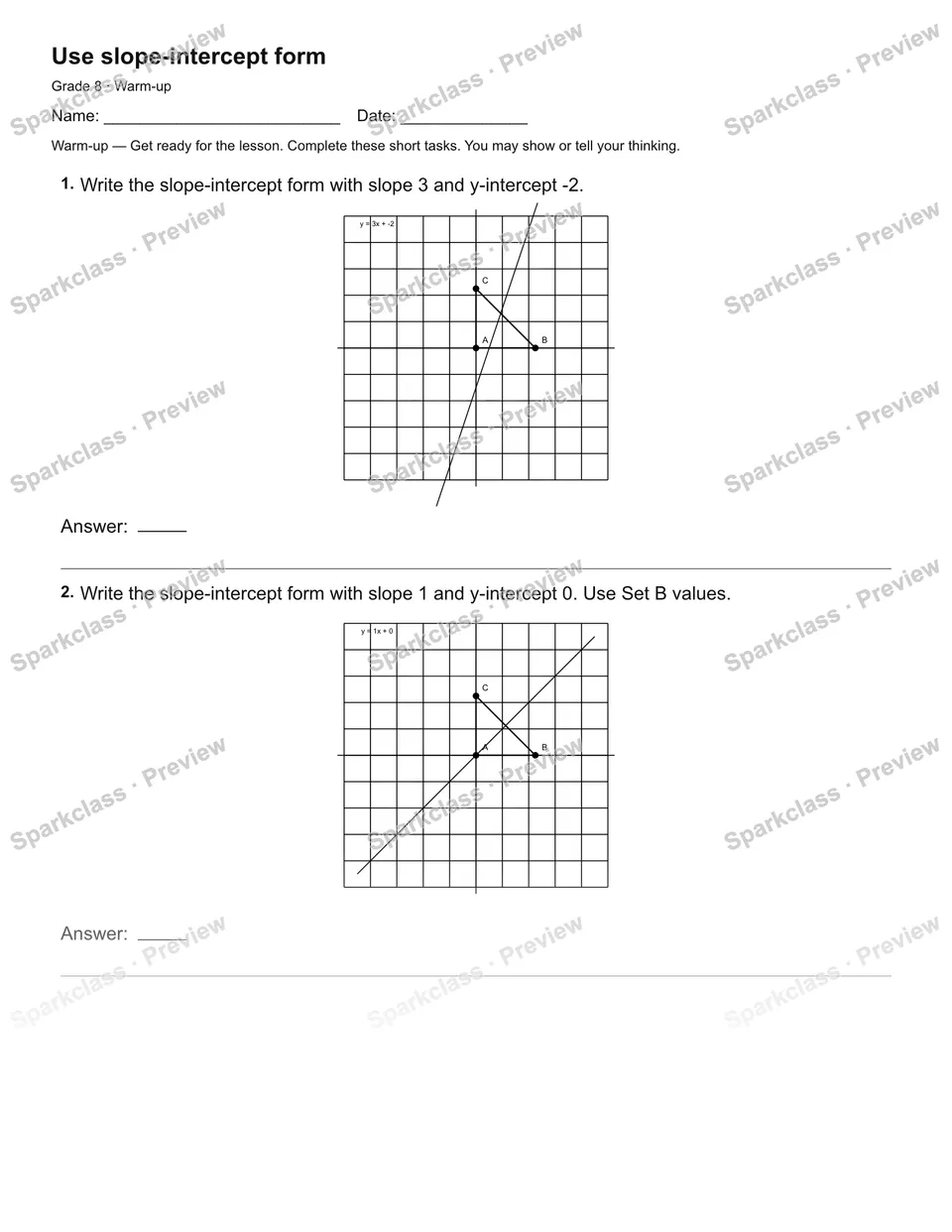 Use slope-intercept form — Warm-up — page 1