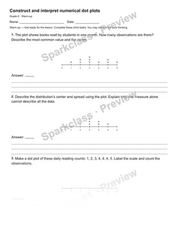 Construct and interpret numerical dot plots — Warm-up — Grade 6 worksheet preview
