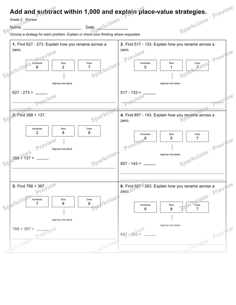 Add and subtract within 1,000 and explain place-value strategies. — Review — page 1