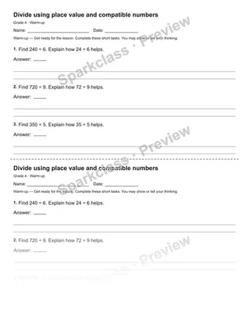 Divide using place value and compatible numbers — Warm-up — Grade 4 worksheet preview
