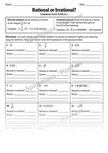 8.NS.A.1 · 1 Rational Irrational Classification V2 — Grade 8 worksheet preview