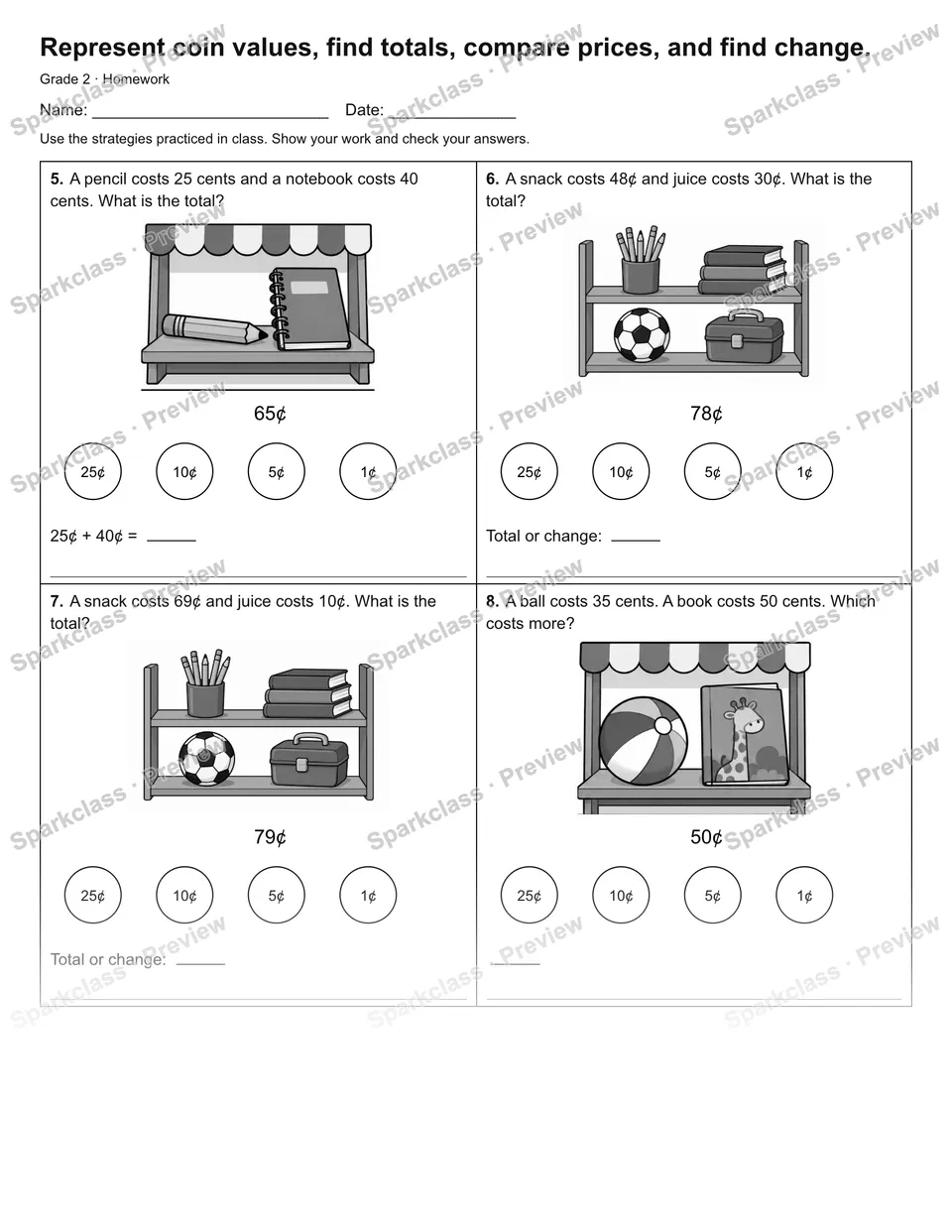 Represent coin values, find totals, compare prices, and find change. — Homework — page 2