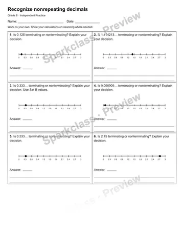 Recognize nonrepeating decimals — Independent Practice — Grade 8 worksheet preview