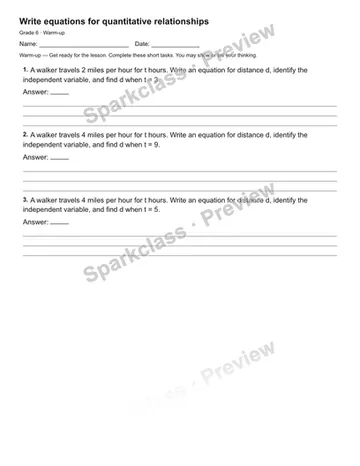 Write equations for quantitative relationships — Warm-up — Grade 6 worksheet preview