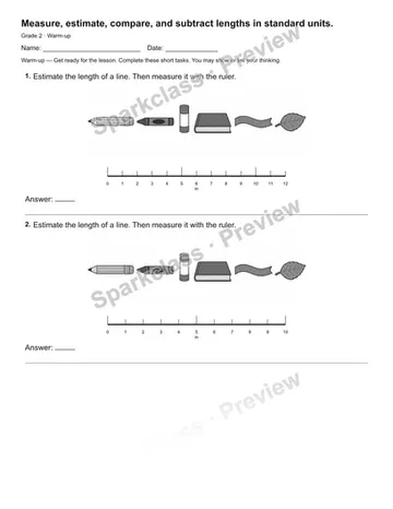 Measure, estimate, compare, and subtract lengths in standard units. — Warm-up — Grade 2 worksheet preview