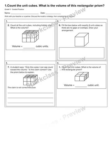 1.Count the unit cubes. What is the volume of this rectangular prism? — Guided Practice — Grade 5 worksheet preview
