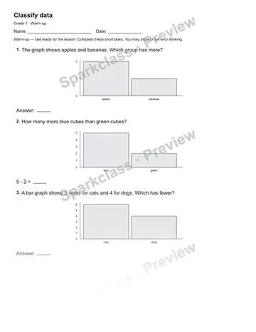 Classify data — Warm-up — Grade 1 worksheet preview