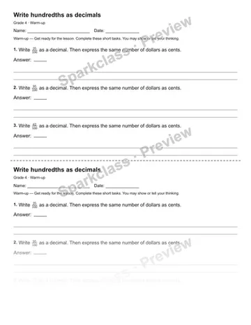 Write hundredths as decimals — Warm-up — Grade 4 worksheet preview