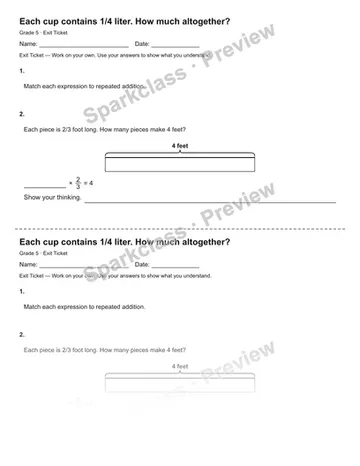 Each cup contains 1/4 liter. How much altogether? — Exit Ticket — Grade 5 worksheet preview