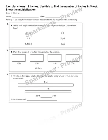 1.A ruler shows 12 inches. Use this to find the number of inches in 5 feet. Show the multiplication. — Warm-up — Grade 5 worksheet preview