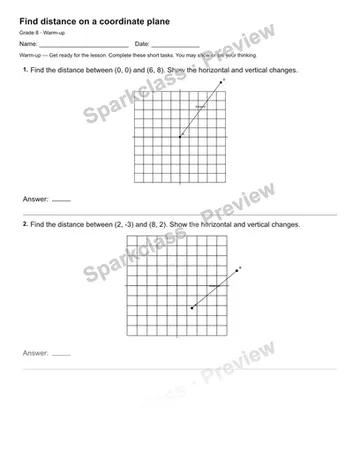 Find distance on a coordinate plane — Warm-up — Grade 8 worksheet preview