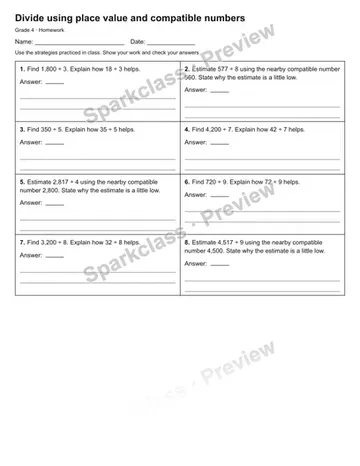 Divide using place value and compatible numbers — Homework — Grade 4 worksheet preview