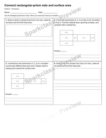 Connect rectangular-prism nets and surface area — Homework — Grade 6 worksheet preview