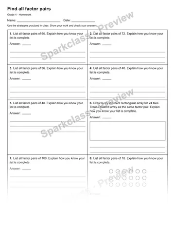 Find all factor pairs — Homework — Grade 4 worksheet preview