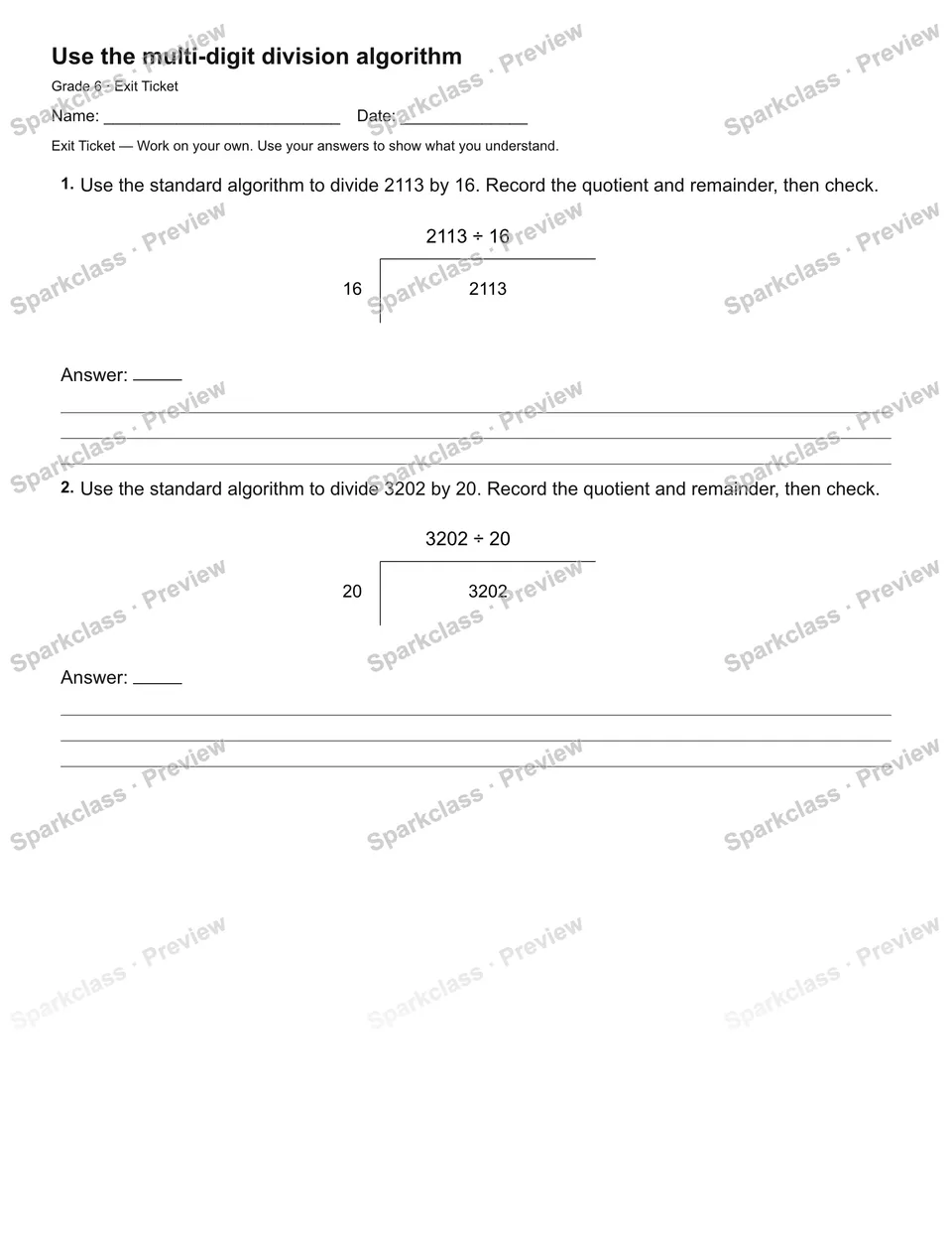 Use the multi-digit division algorithm — Exit Ticket — page 1