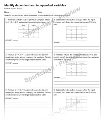 Identify dependent and independent variables — Guided Practice — Grade 6 worksheet preview