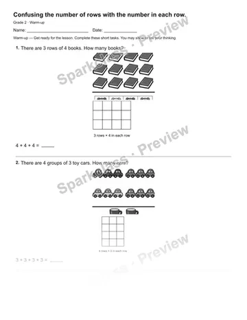 Confusing the number of rows with the number in each row. — Warm-up — Grade 2 worksheet preview