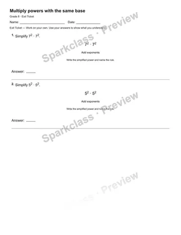 Multiply powers with the same base — Exit Ticket — Grade 8 worksheet preview