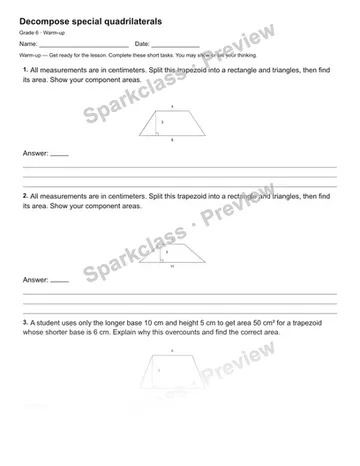 Decompose special quadrilaterals — Warm-up — Grade 6 worksheet preview