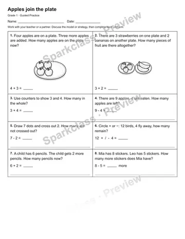 Apples join the plate — Guided Practice — Grade 1 worksheet preview