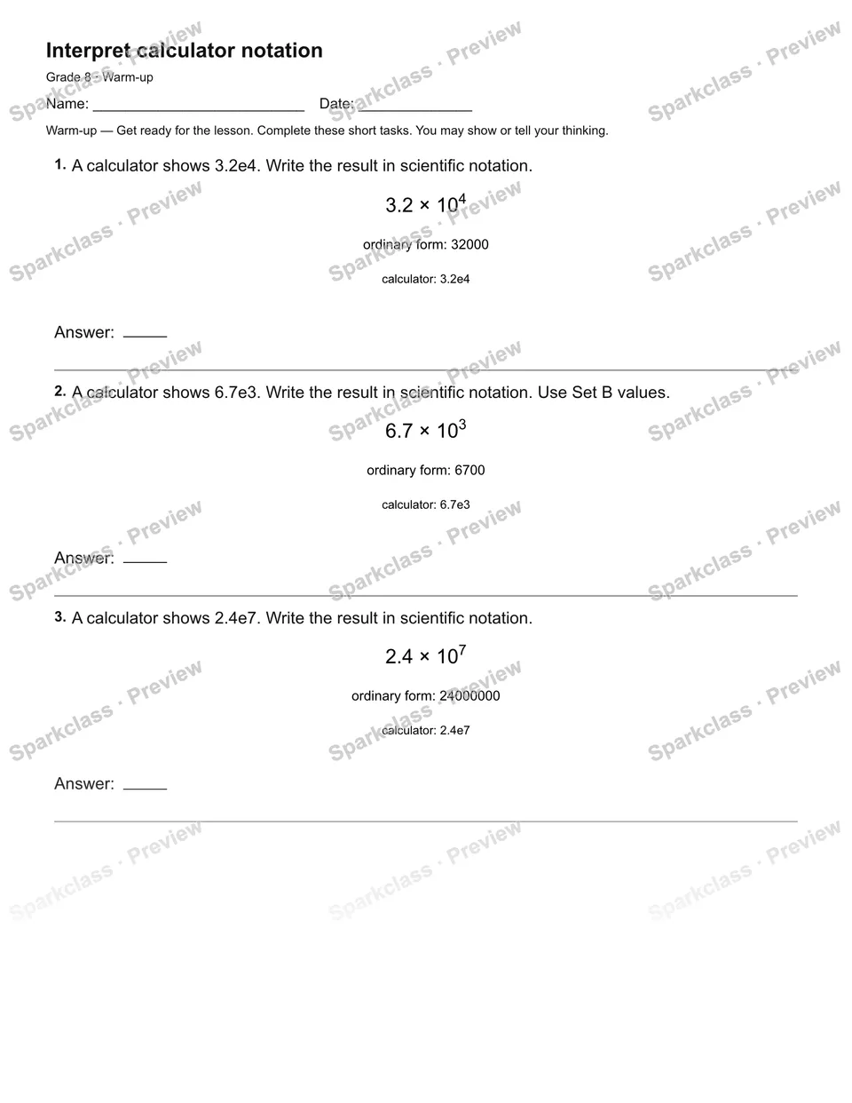 Interpret calculator notation — Warm-up — page 1