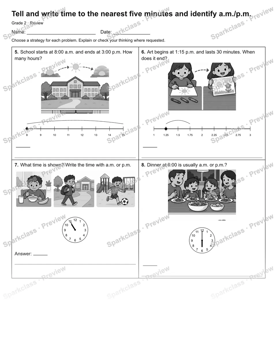 Tell and write time to the nearest five minutes and identify a.m./p.m. — Review — page 2