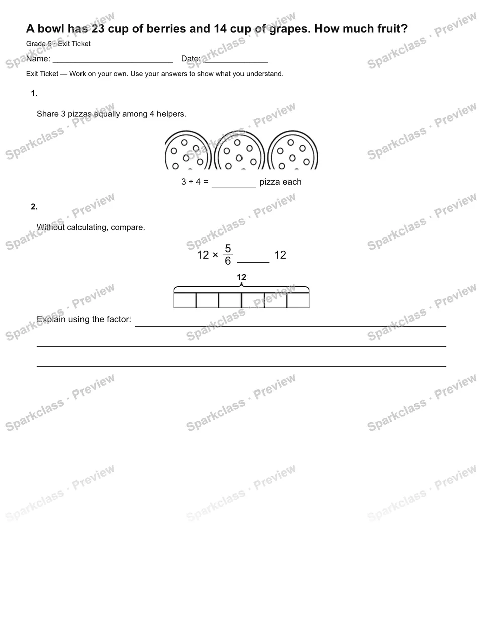 A bowl has 23 cup of berries and 14 cup of grapes. How much fruit? — Exit Ticket — page 2