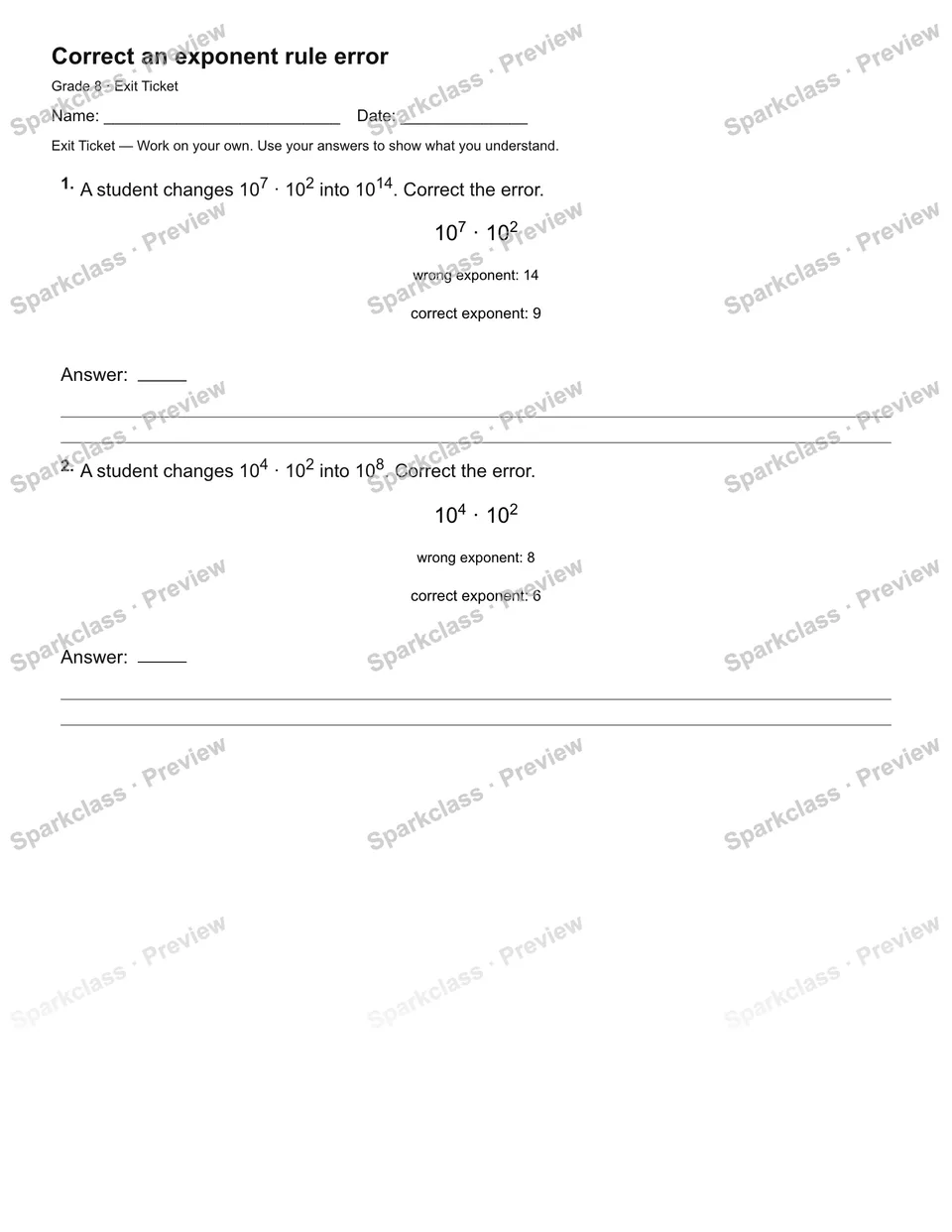 Correct an exponent rule error — Exit Ticket — page 2