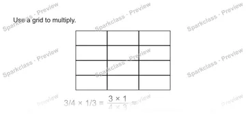 Use a grid to multiply. 3/4 × 1/3 = 3 × 1/4 × 3 = — Grade 5 problem preview
