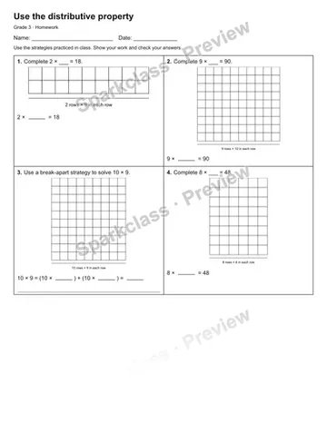 Use the distributive property — Homework — Grade 3 worksheet preview