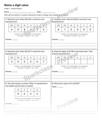 Name a digit value — Guided Practice — Grade 4 worksheet preview