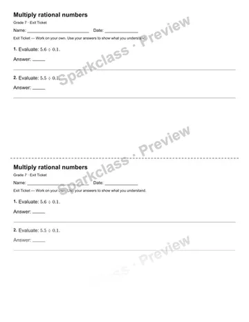 Multiply rational numbers — Exit Ticket — Grade 7 worksheet preview