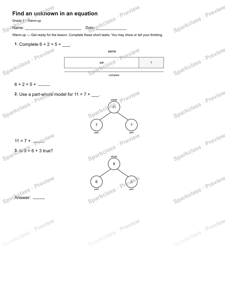 Find an unknown in an equation — Warm-up — page 1