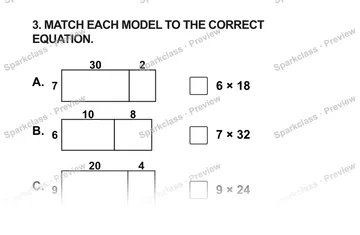 3. MATCH EACH MODEL TO THE CORRECT EQUATION. A. 30 2 7 6 × 18 B. 10 8 6 7 × 32 C. 20 4 9 9 × 24 — Grade 5 problem preview