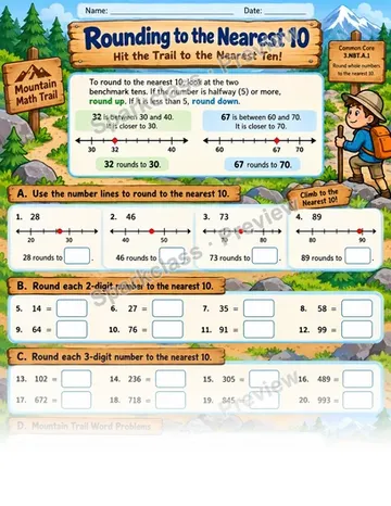 Round To Nearest 10 Mountain — Grade 3 worksheet preview