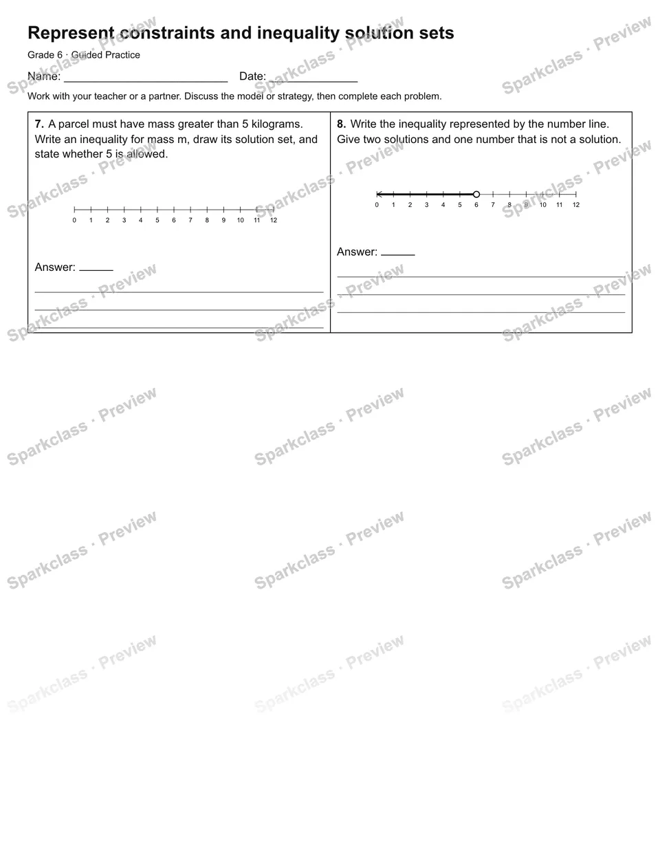 Represent constraints and inequality solution sets — Guided Practice — page 2