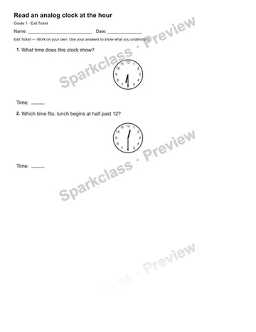 Read an analog clock at the hour — Exit Ticket — Grade 1 worksheet preview